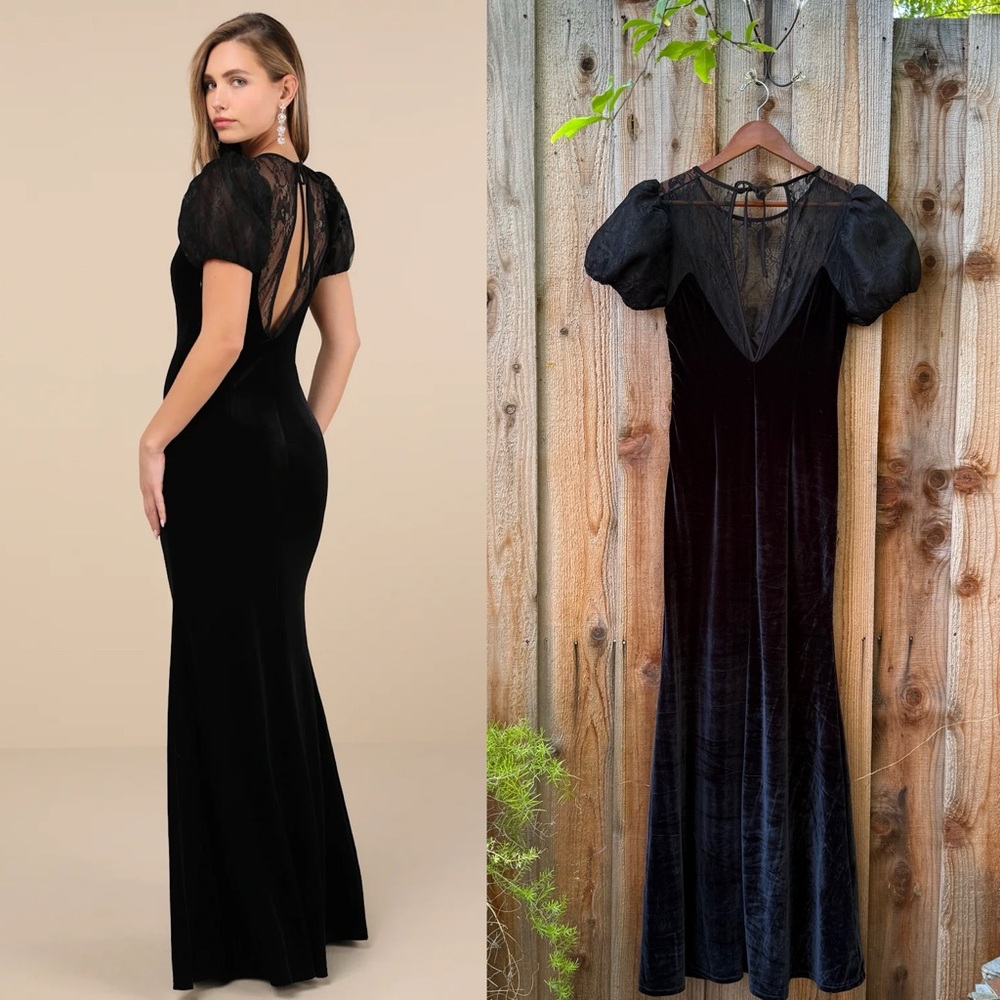 SOLD - Black Velvet Lace Puff Sleeve Bustier Low-Back Maxi Dress 🌿2 - Picture 5 of 10